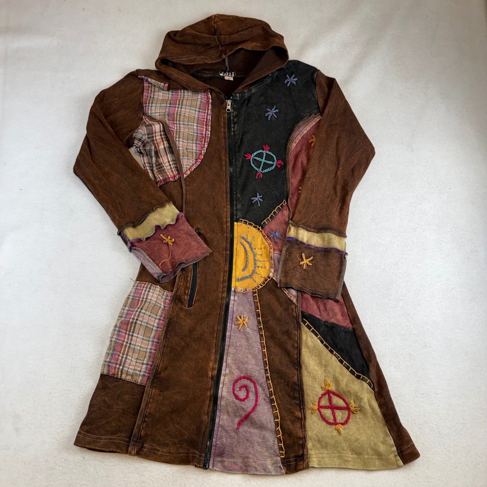 Gaxxi Nepal Patchwork Embroidered Zip Up Hoodie Tunic Brown Sun Moon Small